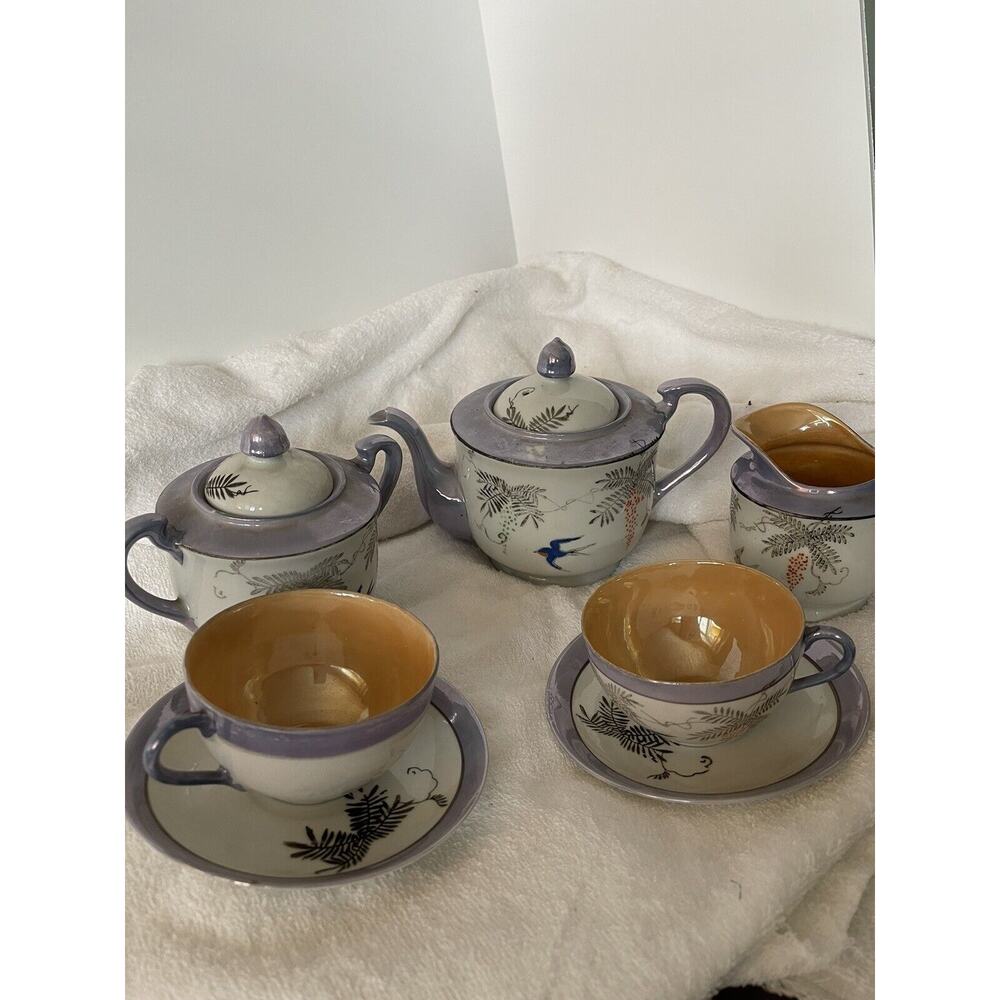 VTG Hand painted Made In Japan Lusterware Tea Pot, Sugar, Creamer Cup/ Saucer X2